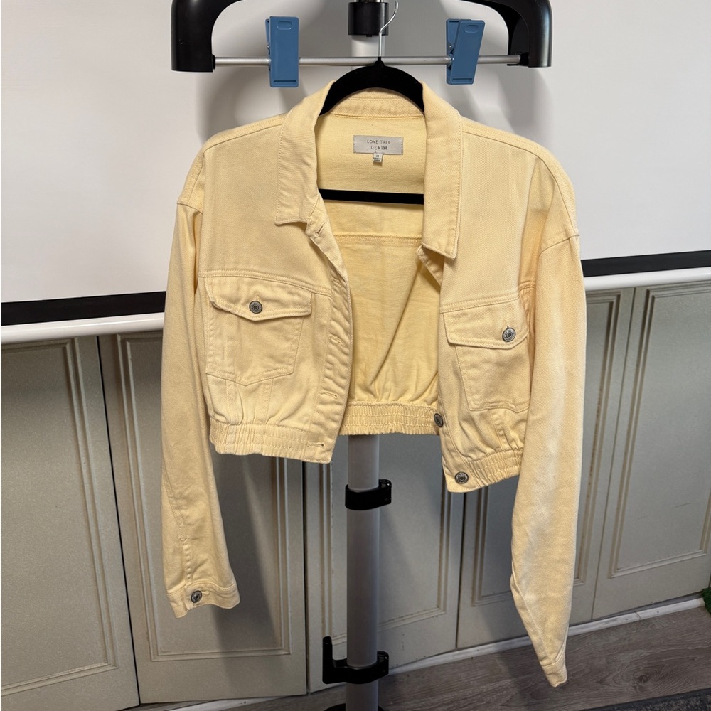 Love Tree Pale Yellow Cropped Jean Jacket